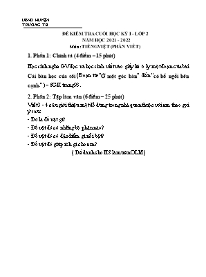 Đê kiểm tra cuối học ky I môn Tiếng Việt (phần Viết ) Lơp 2 (Chân trời sáng tạo) - Năm hoc 2021-2022